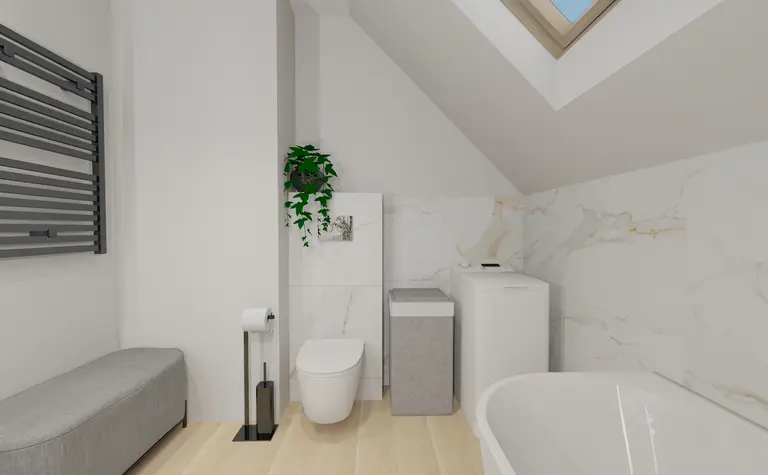 Wnętrze łazienki z wanną, pralką i rośliną, nowoczesny design.
