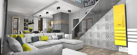 Wnętrze salonu w stylu dopamine decor i japandi z szarym narożnikiem