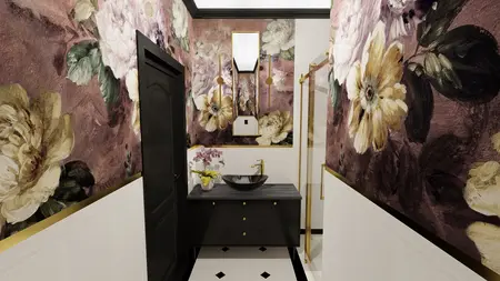 Łazienka z tapetą w stylu art deco, glamour, vintage i tradycyjnym.