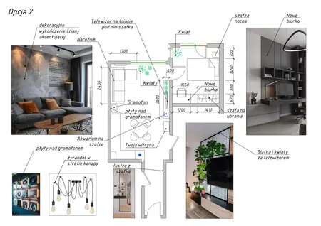 Wnętrze salonu z szarymi meblami, drewnianym stolikiem, roślinami, styl industrialny, minimalistyczny.