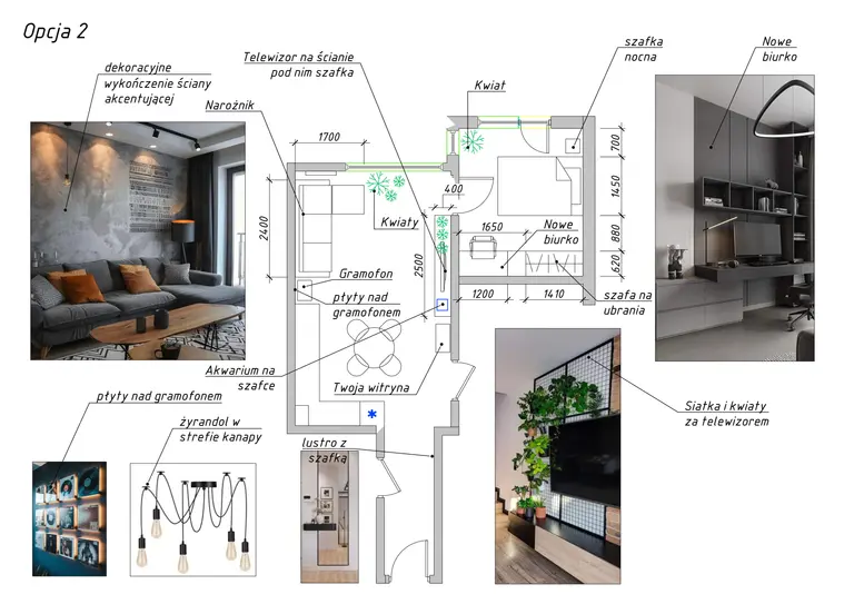 Wnętrze salonu z szarymi meblami, drewnianym stolikiem, roślinami, styl industrialny, minimalistyczny.