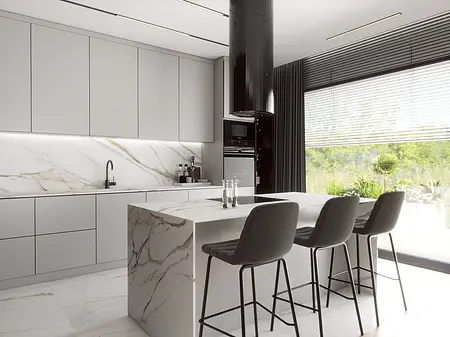 Nowoczesna kuchnia z minimalistycznym stylem, szare meble i marmurowe blaty.