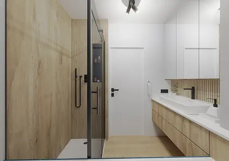 Nowoczesna łazienka z drewnianymi ścianami i białą umywalką, styl dopamine decor.