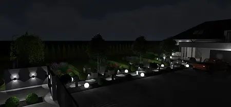 Ogród w stylu industrialnym z roślinnością i nowoczesnym oświetleniem.