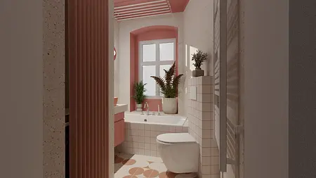 Wnętrze łazienki z różowymi detalami, roślinami oraz vintage akcentami