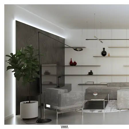 Wnętrze współczesnego salonu z minimalistycznym wystrojem, szarymi meblami i rośliną.