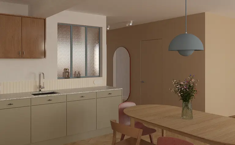 Wnętrze kuchni z drewnianymi akcentami, eklektyczne, dopamine decor, współczesny styl.