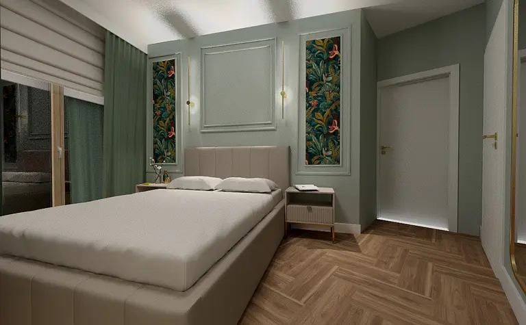 Wnętrze sypialni z eklektycznym stylem, zielone ściany i drewniane podłogi.