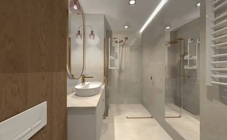 Współczesna łazienka z drewnianymi i jasnymi elementami.