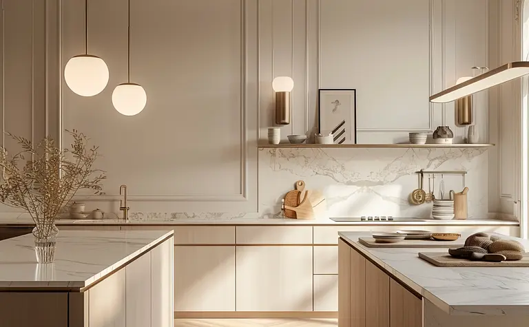Nowoczesna kuchnia w stylu art deco z jasnymi meblami i marmurowym blatem.