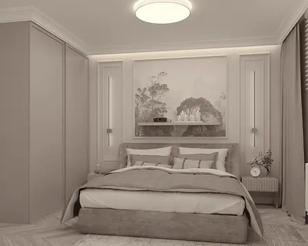 Nowoczesna sypialnia w stylu quiet luxury z szarymi i beżowymi detalami.