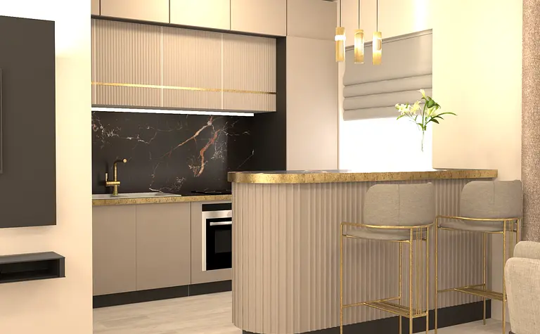 Wnętrze kuchni w stylu glamour i nowoczesnym z beżowymi meblami i czarnym blatem.