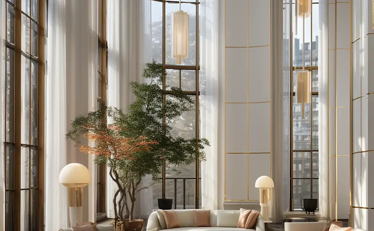 Wnętrze salonu w stylu art deco z jasnymi meblami i dużymi oknami.