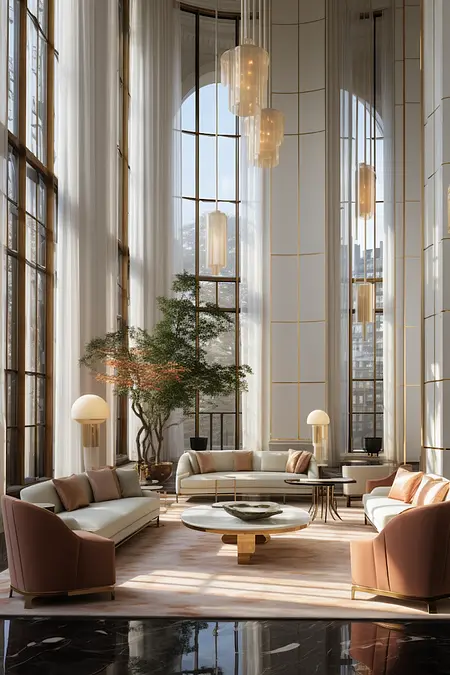 Wnętrze salonu w stylu art deco z jasnymi meblami i dużymi oknami.