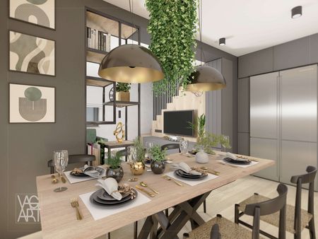 Jadalnia w stylu industrialnym z drewnianym stołem i roślinami.