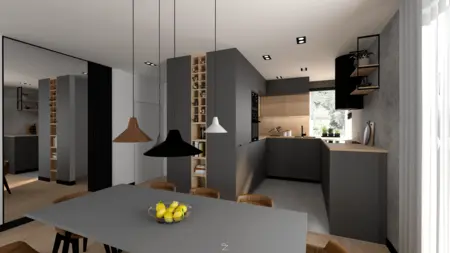 Nowoczesna kuchnia w stylu minimalistycznym z szarymi meblami, drewnianymi detalami i oświetleniem.