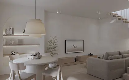 Wnętrze salonu w stylu japandi z jasnymi meblami i drewnianymi detalami.