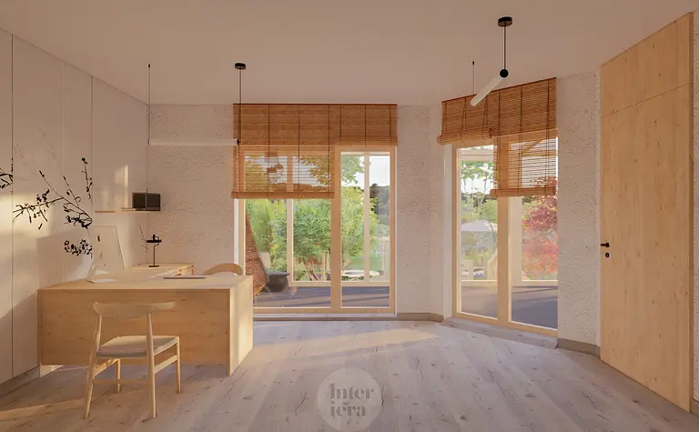 Minimalistyczne wnętrze biura w stylu japandi z drewnianym biurkiem i dużymi oknami.