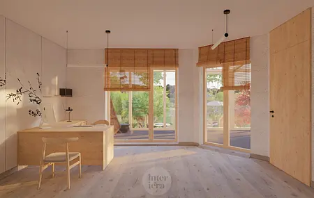 Minimalistyczne wnętrze biura w stylu japandi z drewnianym biurkiem i dużymi oknami.