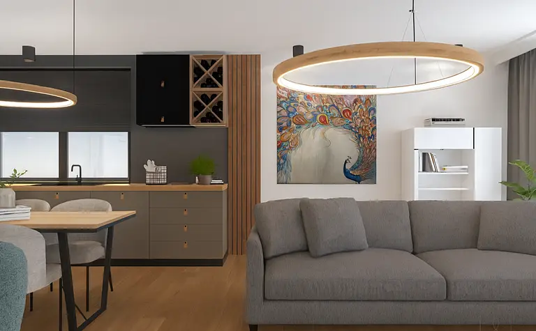 Nowoczesne wnętrze z minimalistycznym designem, szara kanapa i drewniane elementy dekoracyjne.