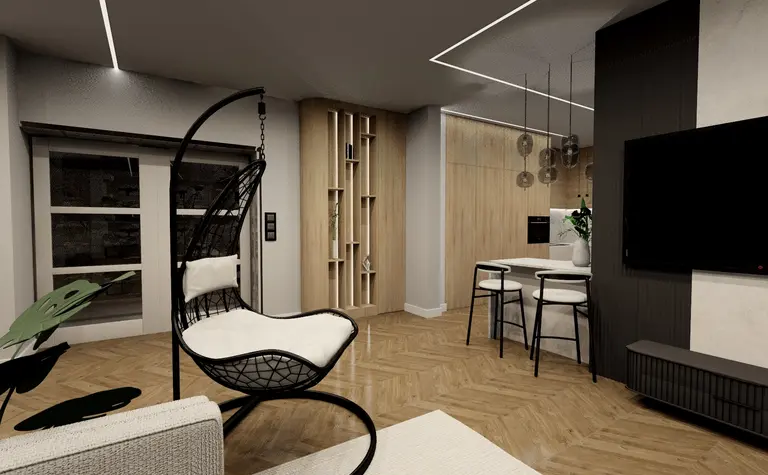 Nowoczesne wnętrze z wiszącym fotelem, drewnianą podłogą i minimalistycznym designem.