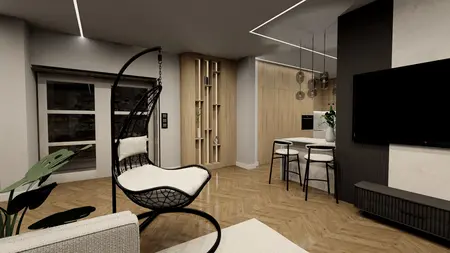 Nowoczesne wnętrze z wiszącym fotelem, drewnianą podłogą i minimalistycznym designem.