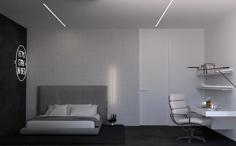 Wnętrze sypialni minimalistycznej z nowoczesnym łóżkiem i biurkiem.