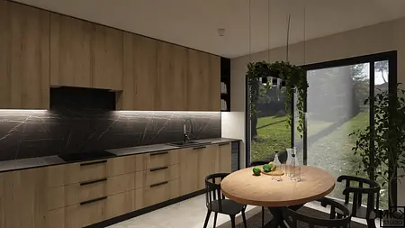 Nowoczesna kuchnia z drewnianymi meblami i czarnym blatem, współczesny design.