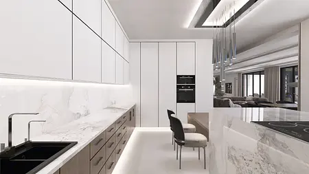 Nowoczesna kuchnia z białymi meblami, marmurowymi blatami i elementami quiet luxury.