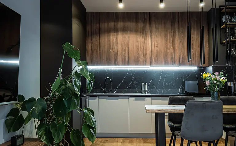 Nowoczesna kuchnia z drewnianymi meblami i czarnym blatem, rośliną i stołem.