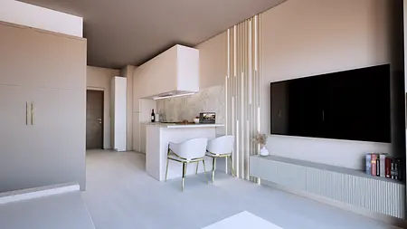 Wnętrze kuchni z białymi meblami i minimalistycznymi akcentami w stylu glamour.