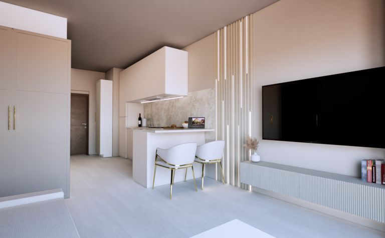 Wnętrze kuchni z białymi meblami i minimalistycznymi akcentami w stylu glamour.