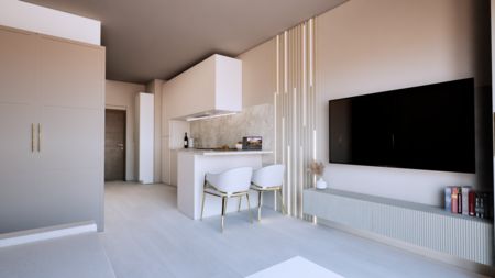 Wnętrze kuchni z białymi meblami i minimalistycznymi akcentami w stylu glamour.