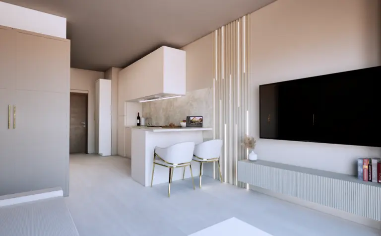 Wnętrze kuchni z białymi meblami i minimalistycznymi akcentami w stylu glamour.