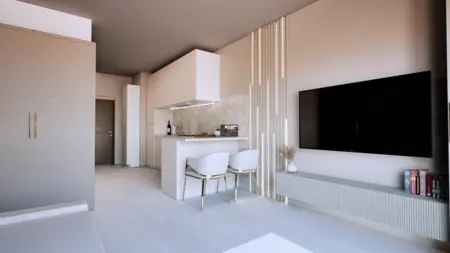 Wnętrze kuchni z białymi meblami i minimalistycznymi akcentami w stylu glamour.