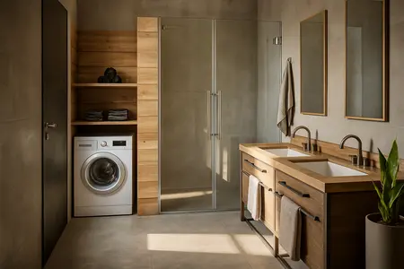 Współczesna łazienka z minimalistycznym wystrojem, drewniane elementy, prysznic
