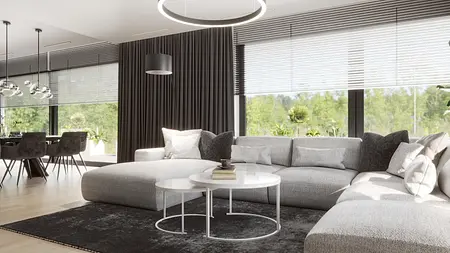 Wnętrze salonu z szarym narożnikiem i białymi dodatkami, minimalistyczny i nowoczesny design.