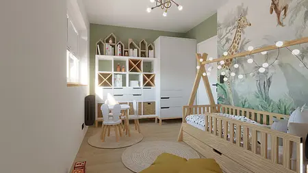 Pokój dziecięcy z drewnianym łóżkiem i dekoracjami dopamine decor.