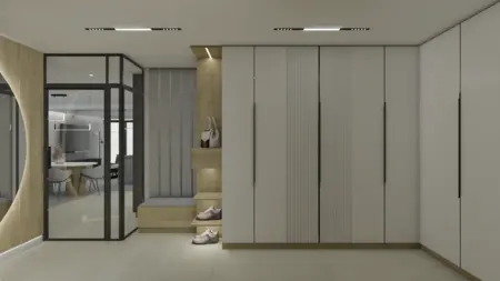 Garderoba z białymi meblami i drewnianymi elementami, nowoczesne wnętrze.