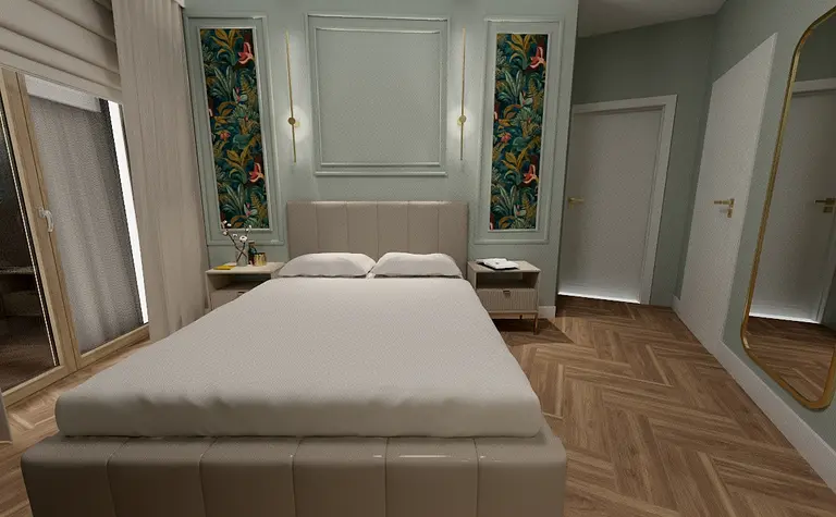 Wnętrze sypialni z beżowym łóżkiem, drewnianą podłogą i eklektycznymi akcentami.