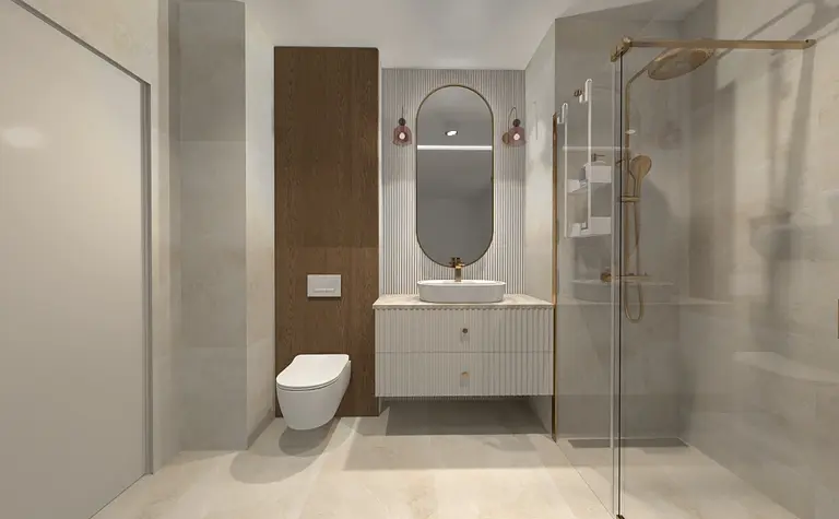 Nowoczesna łazienka z drewnianymi detalami, szklanym prysznicem i elegancką umywalką.