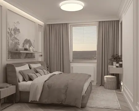Nowoczesna sypialnia w stylu quiet luxury z beżowym łóżkiem i szarymi zasłonami.