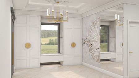 Eleganckie wnętrze z białymi ścianami, złotymi akcentami i minimalistycznym designem.