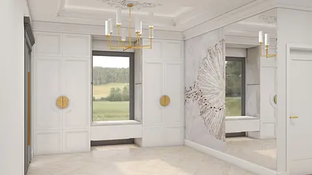 Eleganckie wnętrze z białymi ścianami, złotymi akcentami i minimalistycznym designem.