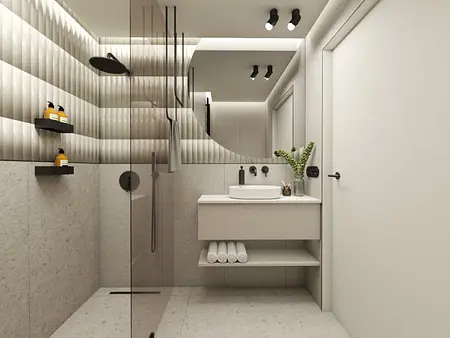 Nowoczesna łazienka z eklektycznymi detalami, minimalistycznym umywalką i glamourowymi akcentami.