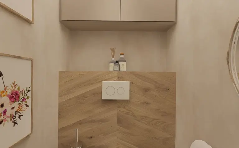 Mała toaleta z drewnianymi i białymi elementami, minimalistyczny design.