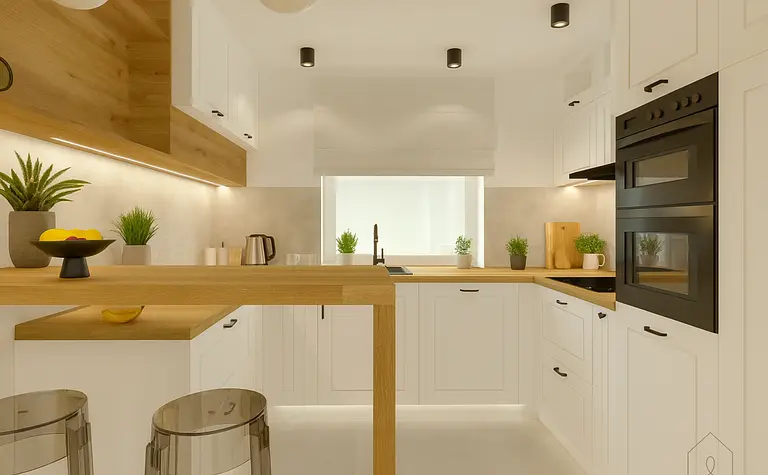 Kuchnia w stylu glamour i minimalistycznym z białymi meblami i drewnianymi detalami.