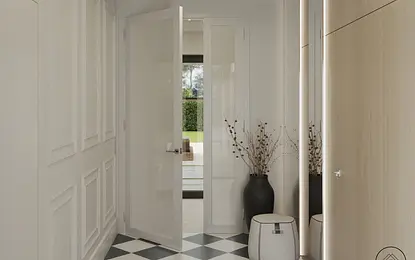 Przedpokój z elementami glamour i minimaluxe, biały i czarny wystrój, nowoczesne detale.