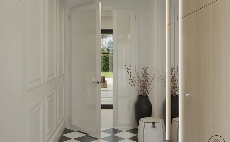 Przedpokój z elementami glamour i minimaluxe, biały i czarny wystrój, nowoczesne detale.