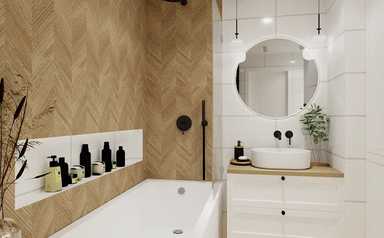 Wnętrze łazienki w stylu skandynawskim z wanną, lustrem i drewnianymi akcentami.